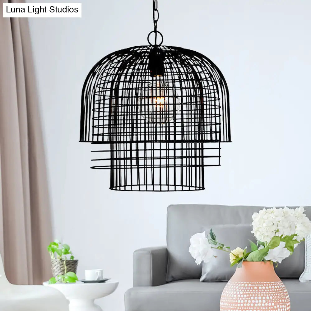 Black Finish Wrought Iron Pendant Lamp with Caged Head and Chain