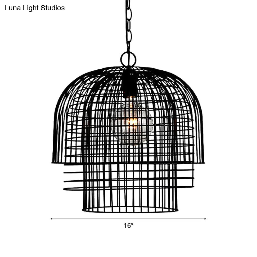 Black Finish Wrought Iron Pendant Lamp with Caged Head and Chain