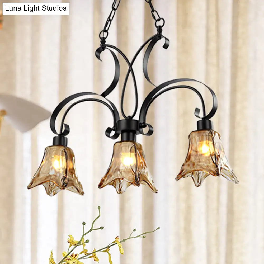 ديكوربايتس™ مصباح معلق على شكل زهرة سوداء مع زجاج مزخرف - مثالي لغرفة الطعام - مصباح سقف معلق بثلاث لمبات