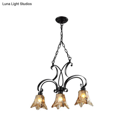 ديكوربايتس™ مصباح معلق على شكل زهرة سوداء مع زجاج مزخرف - مثالي لغرفة الطعام - مصباح سقف معلق بثلاث لمبات