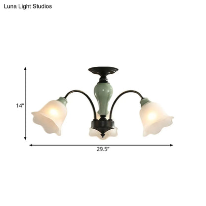 DecorBites™ DecorBites™ Black Flower Semi Flush Frosted Glass Ceiling Mount with Curved Arm - Countryside Style, 3/6/8 Heads - Living Room