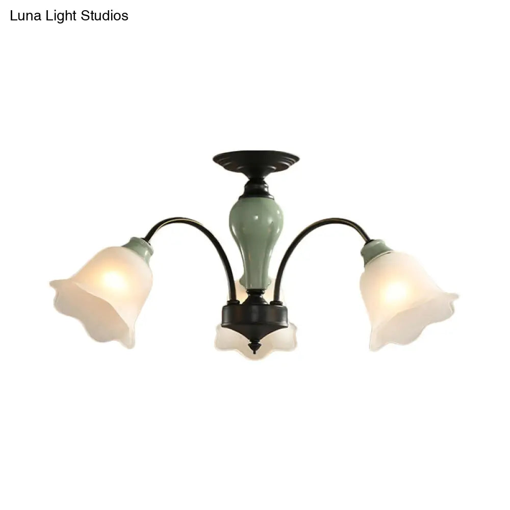 DecorBites™ DecorBites™ Black Flower Semi Flush Frosted Glass Ceiling Mount with Curved Arm - Countryside Style, 3/6/8 Heads - Living Room