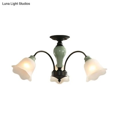DecorBites™ DecorBites™ Black Flower Semi Flush Frosted Glass Ceiling Mount with Curved Arm - Countryside Style, 3/6/8 Heads - Living Room