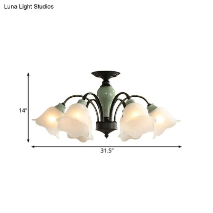 DecorBites™ DecorBites™ Black Flower Semi Flush Frosted Glass Ceiling Mount with Curved Arm - Countryside Style, 3/6/8 Heads - Living Room