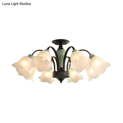 DecorBites™ DecorBites™ Black Flower Semi Flush Frosted Glass Ceiling Mount with Curved Arm - Countryside Style, 3/6/8 Heads - Living Room