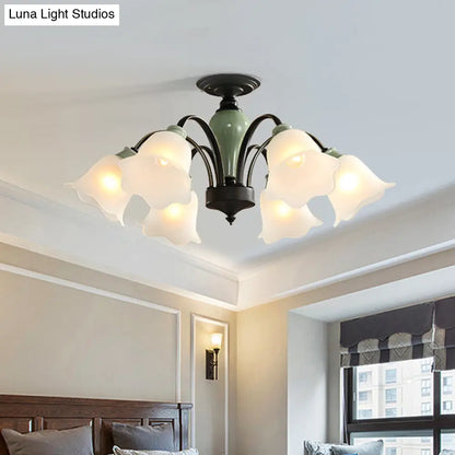 DecorBites™ DecorBites™ Black Flower Semi Flush Frosted Glass Ceiling Mount with Curved Arm - Countryside Style, 3/6/8 Heads - Living Room