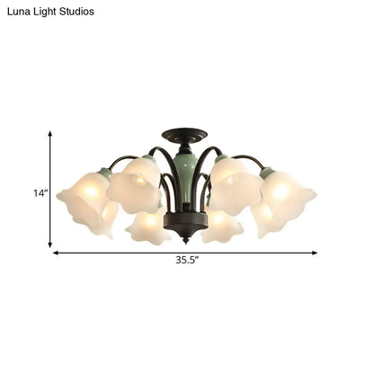 DecorBites™ DecorBites™ Black Flower Semi Flush Frosted Glass Ceiling Mount with Curved Arm - Countryside Style, 3/6/8 Heads - Living Room