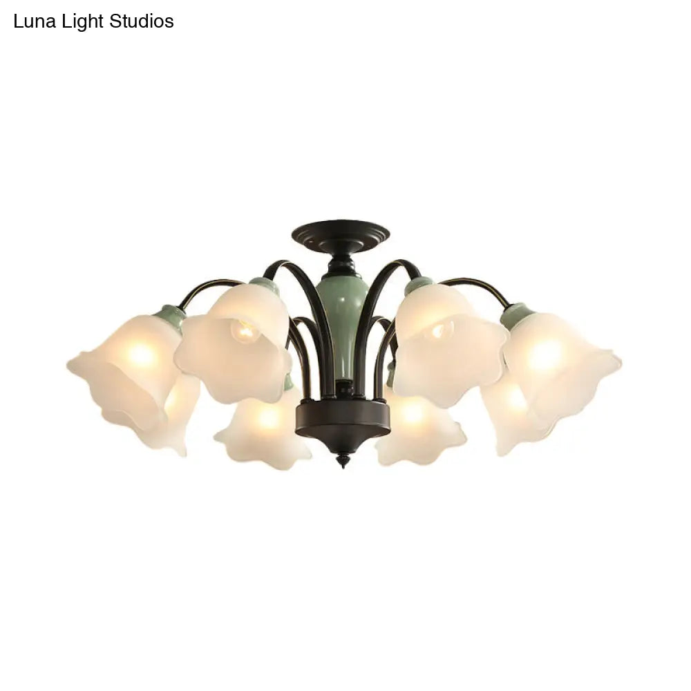 DecorBites™ DecorBites™ Black Flower Semi Flush Frosted Glass Ceiling Mount with Curved Arm - Countryside Style, 3/6/8 Heads - Living Room