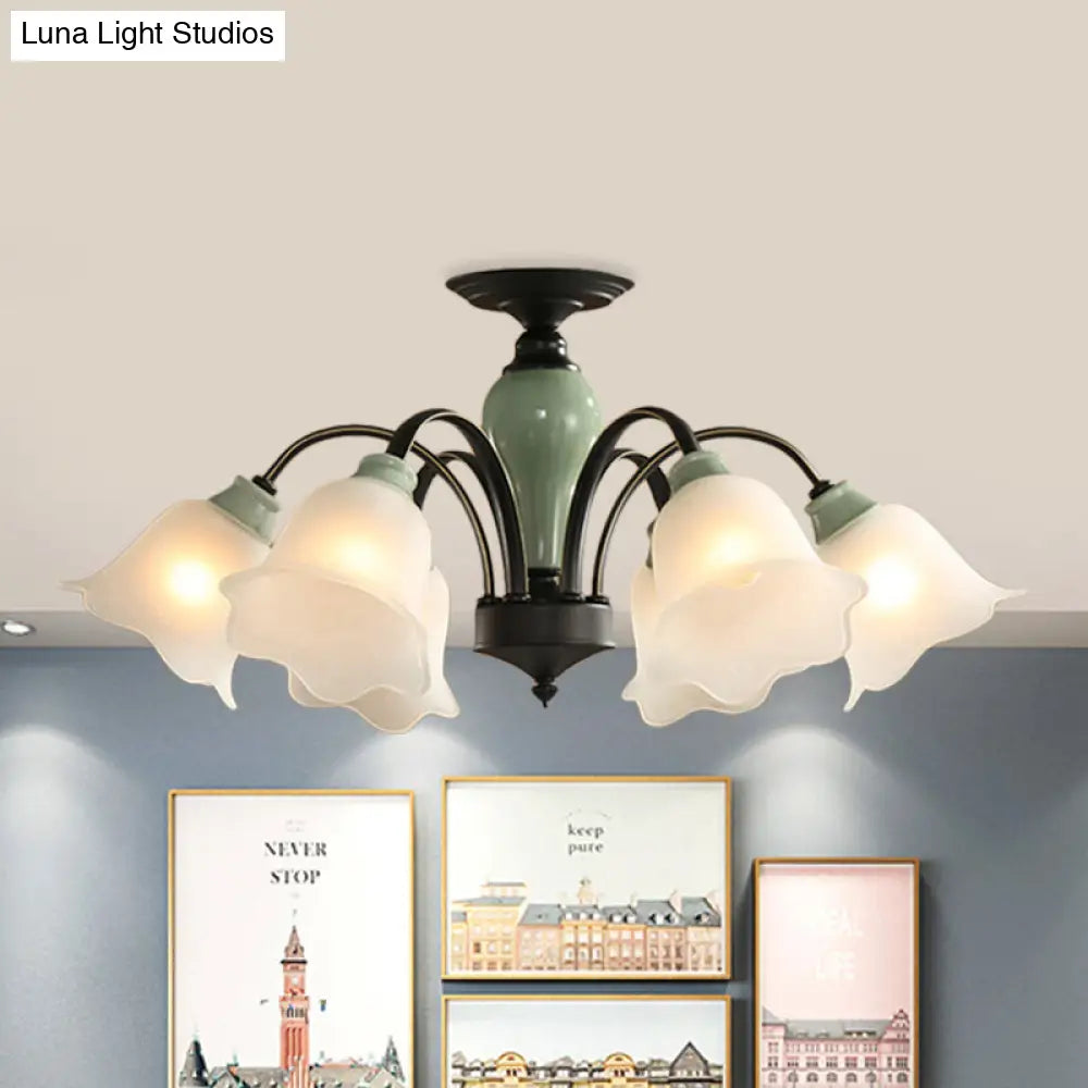 DecorBites™ DecorBites™ Black Flower Semi Flush Frosted Glass Ceiling Mount with Curved Arm - Countryside Style, 3/6/8 Heads - Living Room