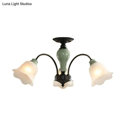 DecorBites™ DecorBites™ Black Flower Semi Flush Frosted Glass Ceiling Mount with Curved Arm - Countryside Style, 3/6/8 Heads - Living Room