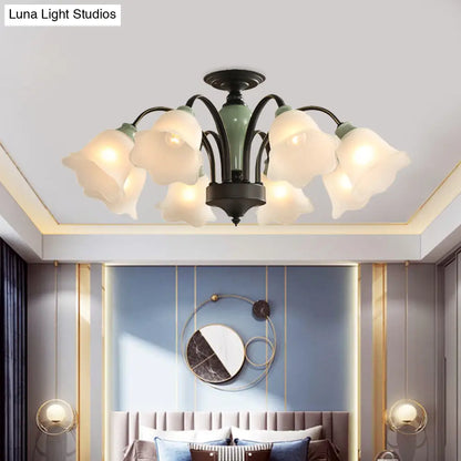 DecorBites™ DecorBites™ Black Flower Semi Flush Frosted Glass Ceiling Mount with Curved Arm - Countryside Style, 3/6/8 Heads - Living Room