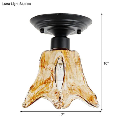 DecorBites™ DecorBites™ Black Flower Shaped Flush Mount Lamp with Classic Tan Textured Glass for Living Room Ceiling