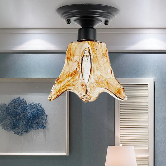 DecorBites™ DecorBites™ Black Flower Shaped Flush Mount Lamp with Classic Tan Textured Glass for Living Room Ceiling