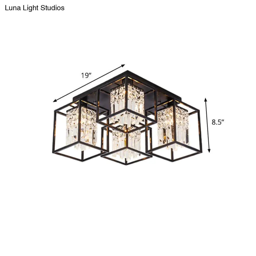 DecorBites™ DecorBites™ Black Flush Mount Ceiling Lamp with Frame - Modernist Cuboid Shade Semi Mount Lighting (4 Lights)