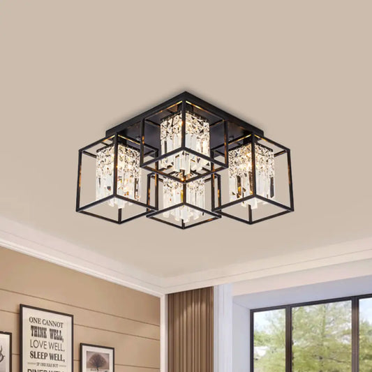 DecorBites™ DecorBites™ Black Flush Mount Ceiling Lamp with Frame - Modernist Cuboid Shade Semi Mount Lighting (4 Lights)
