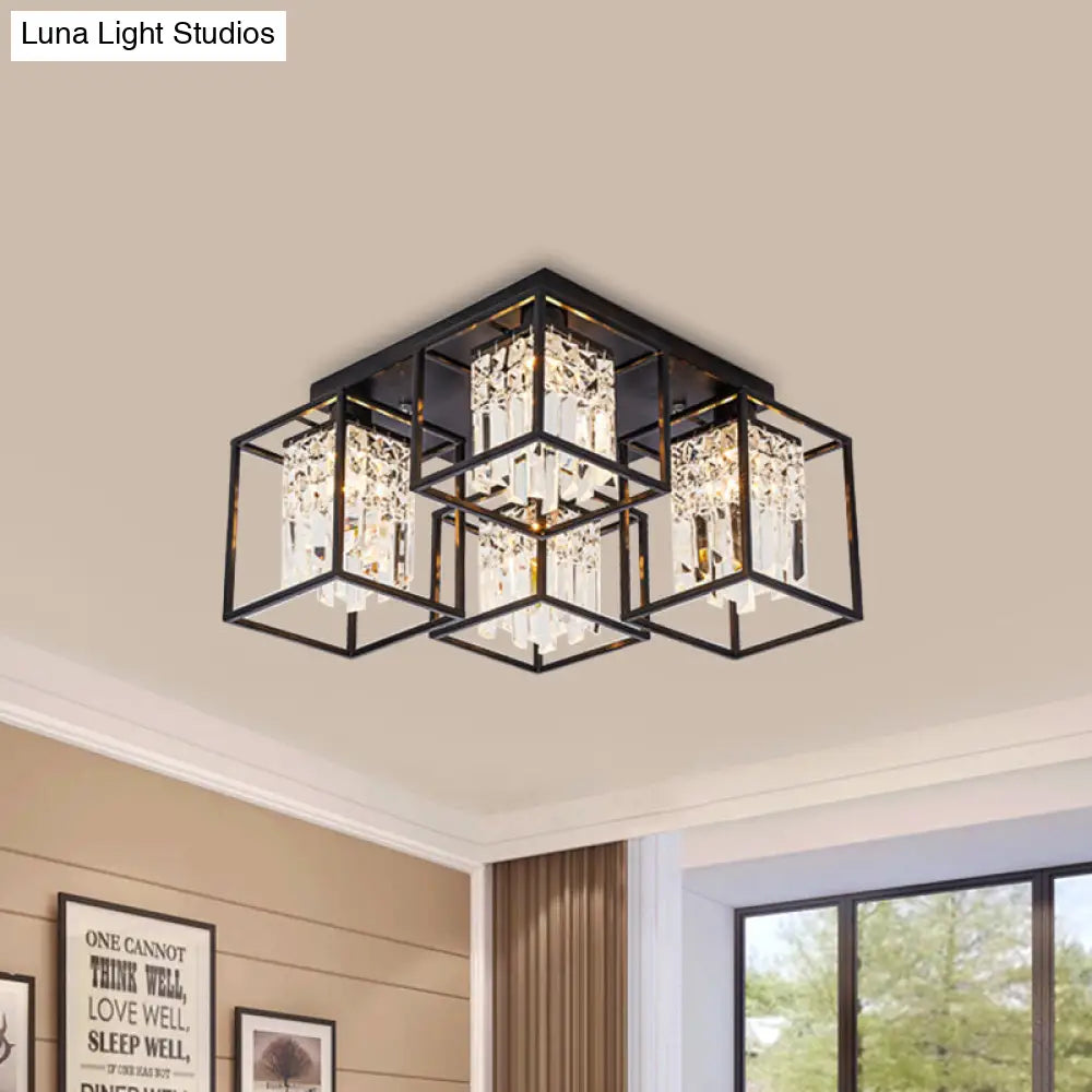 DecorBites™ DecorBites™ Black Flush Mount Ceiling Lamp with Frame - Modernist Cuboid Shade Semi Mount Lighting (4 Lights)