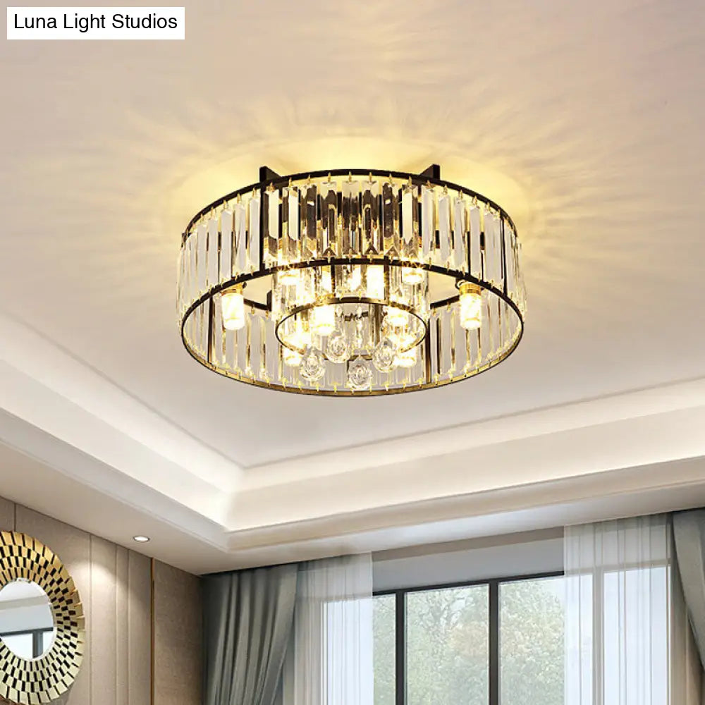 DecorBites™ DecorBites™ Black Flush Mounted Lamp with Double Round Minimalist Crystal Design and 7 Lights