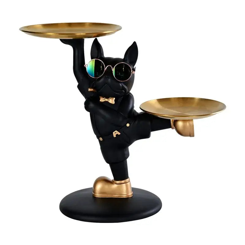 Black french bulldog butler decor tray figurine wearing sunglasses and bow tie holding two gold trays for living room