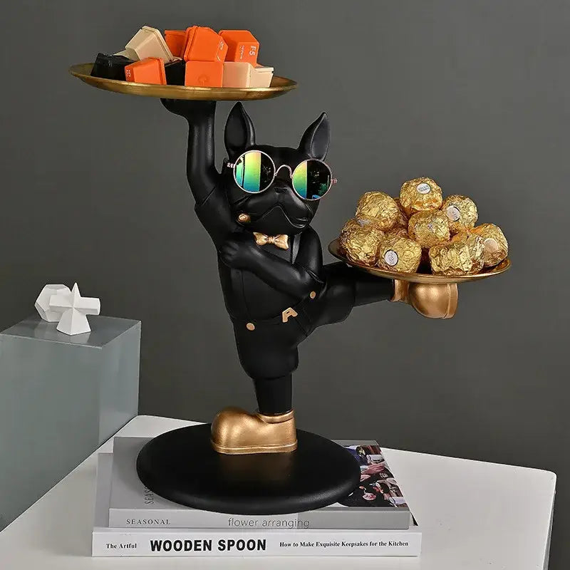 Black french bulldog butler decor tray featuring a figurine with reflective sunglasses and gold bow tie holding chocolates