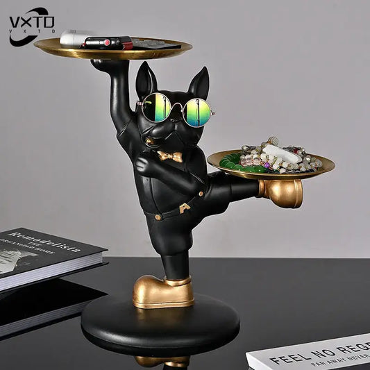 Black french bulldog butler decor tray figurine wearing gold sunglasses and bow tie holding two golden trays for living room