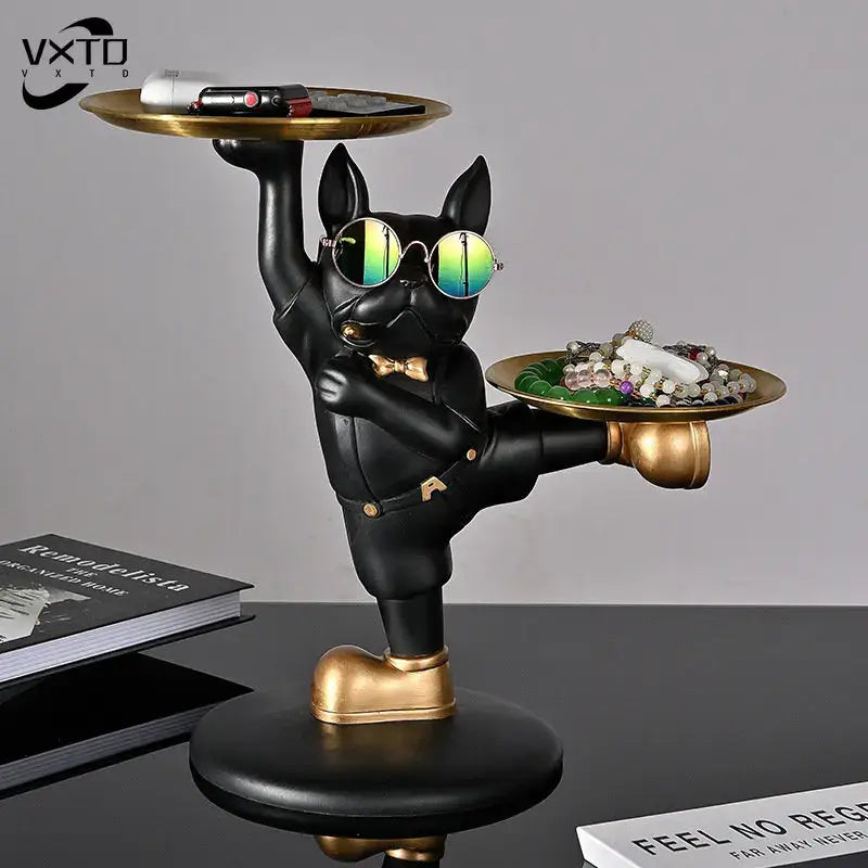 Black french bulldog butler decor tray figurine wearing gold sunglasses and bow tie holding two golden trays for living room
