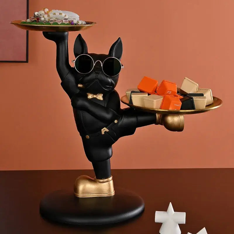 Black french bulldog butler decor tray featuring a figurine dressed as a waiter with sunglasses and gold accents