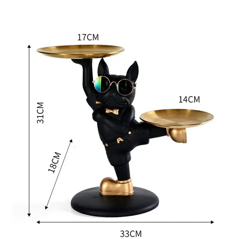 Black french bulldog butler decor tray statue wearing sunglasses and suit holding two gold trays for living room decor
