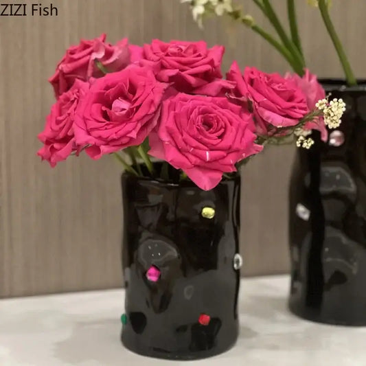 Black gemstone ceramic vase with colorful gemstone accents for bedroom desk decor by decorbites gemstone ceramic