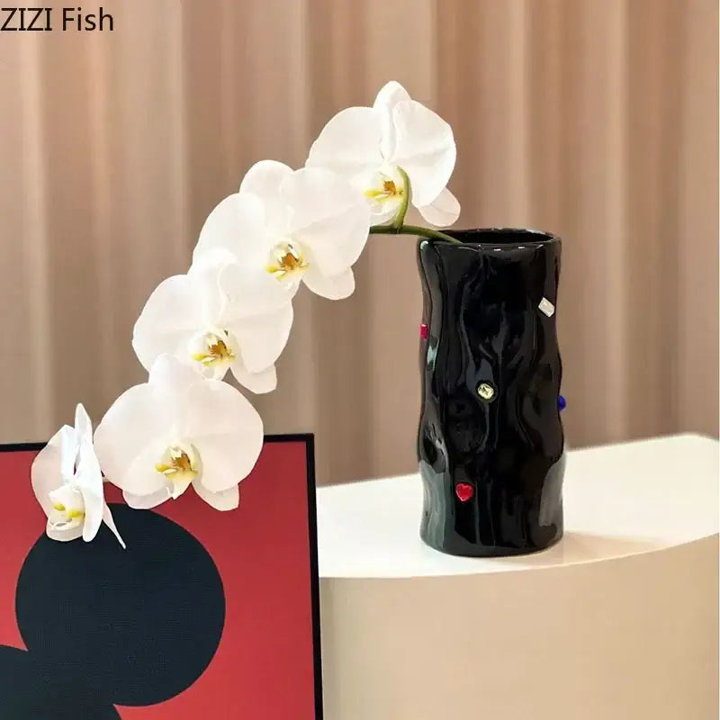 Black gemstone ceramic vase with glossy finish and colorful gemstone accents for bedroom desk decorbites gemstone ceramic