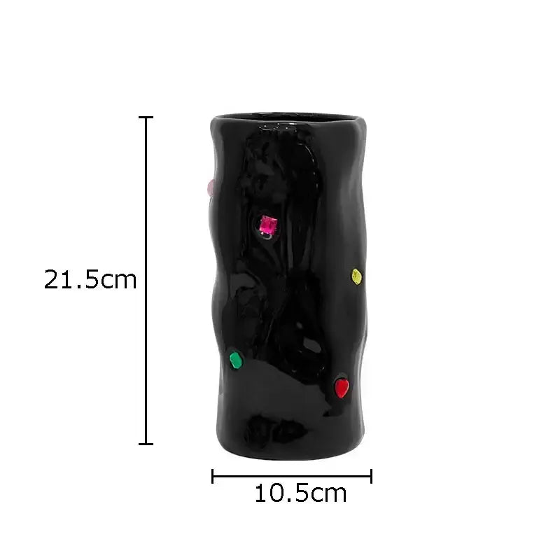 Black gemstone ceramic vase with glossy finish and colorful pink green yellow and red gemstone accents for bedroom desk decorbites gemstone ceramic