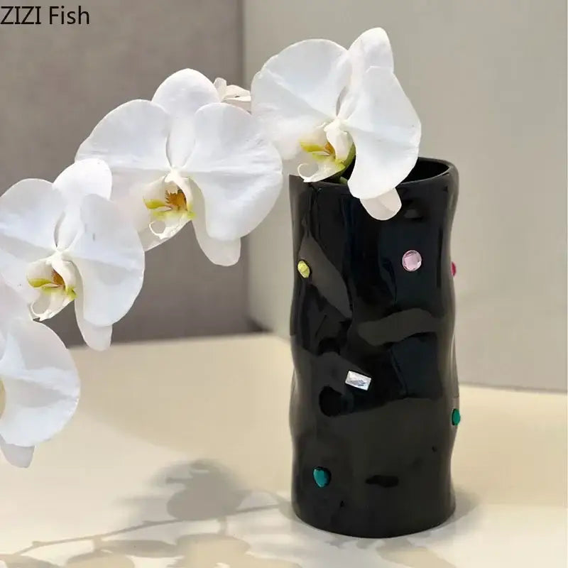 Black gemstone ceramic vase with textured organic shape and colorful accents for bedroom desk decor by decorbites gemstone ceramic