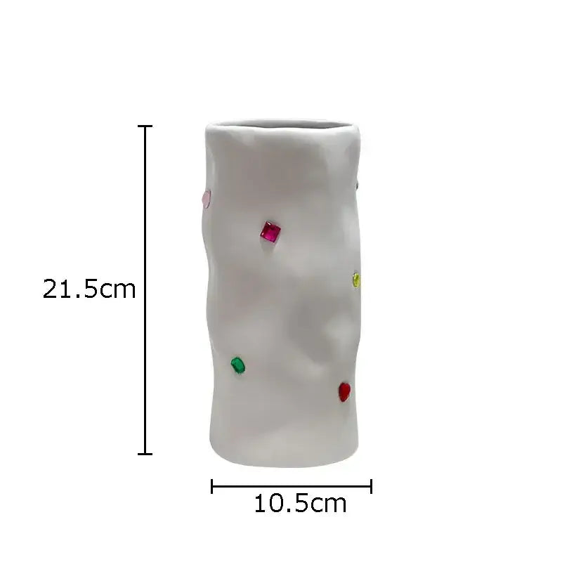 White textured gemstone ceramic vase with colorful square gems for bedroom desk decor by decorbites gemstone ceramic