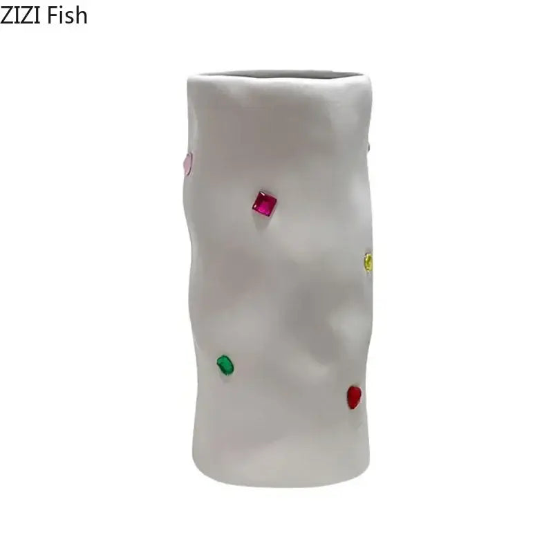 White ceramic decorbites gemstone ceramic vase with textured surface and colorful pink red green yellow accents for desk decor