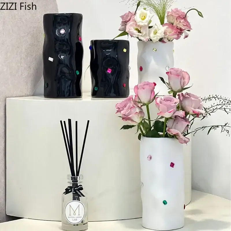 White ceramic gemstone ceramic vase with colorful accents from decorbites ideal for bedroom desk decor