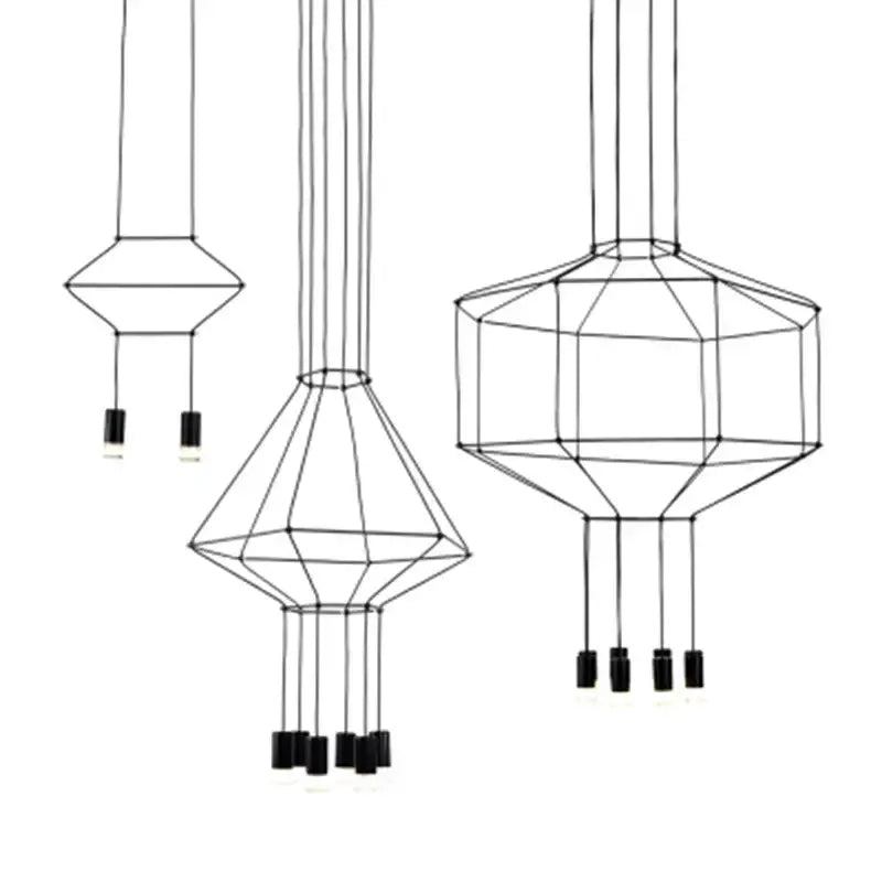 Black geometric designer nordic ceiling chandelier featuring wireframe pendant lights with multiple cylindrical bulbs for living room decorbites designer nordic style