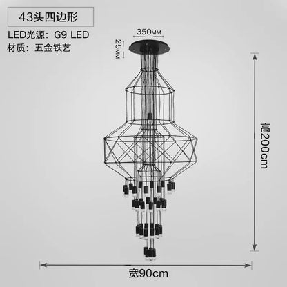 Black metal ceiling chandelier with 43 G9 LED lights in a geometric multi-tiered design by decorbites designer nordic
