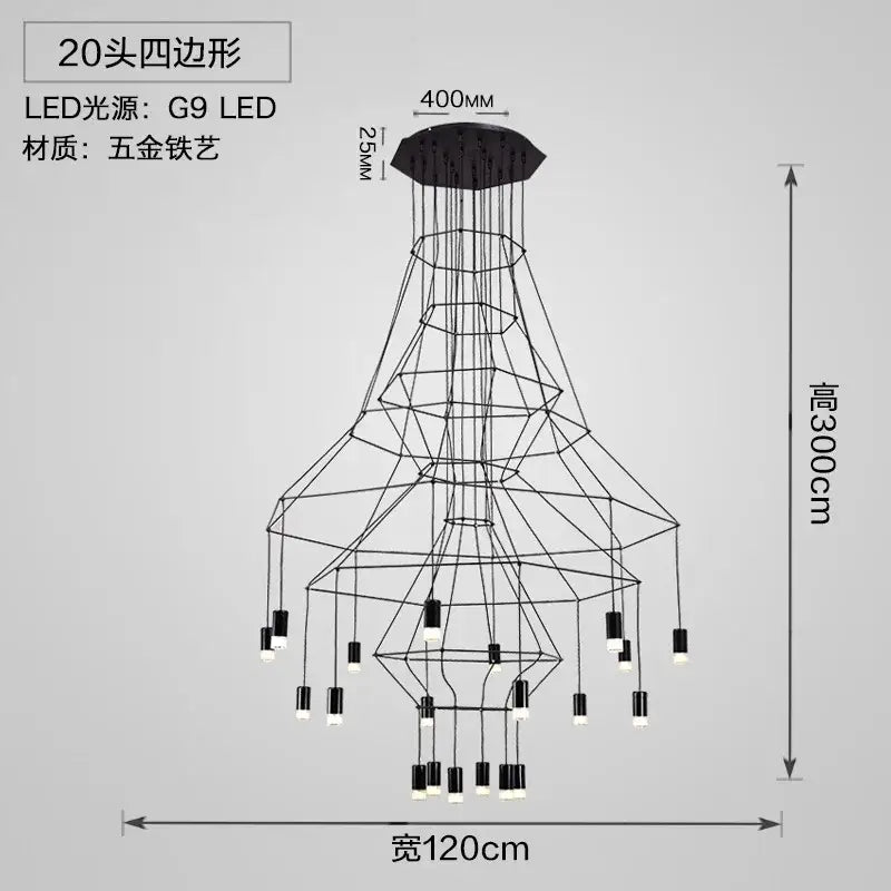 Black geometric designer nordic ceiling chandelier with 20 g9 led lights and wrought iron frame by decorbites