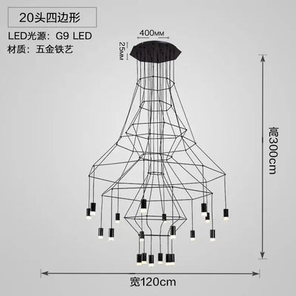 Black geometric designer nordic ceiling chandelier with 20 g9 led lights and wrought iron frame by decorbites