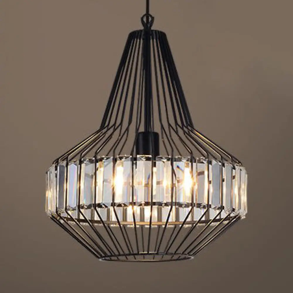 Black Geometric Metal Cage Pendant Light with Crystal Block