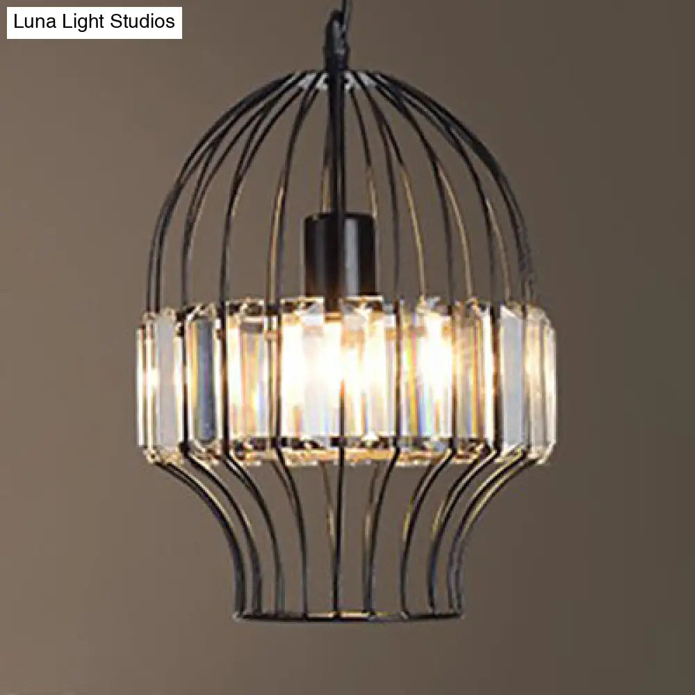 Black Geometric Metal Cage Pendant Light with Crystal Block