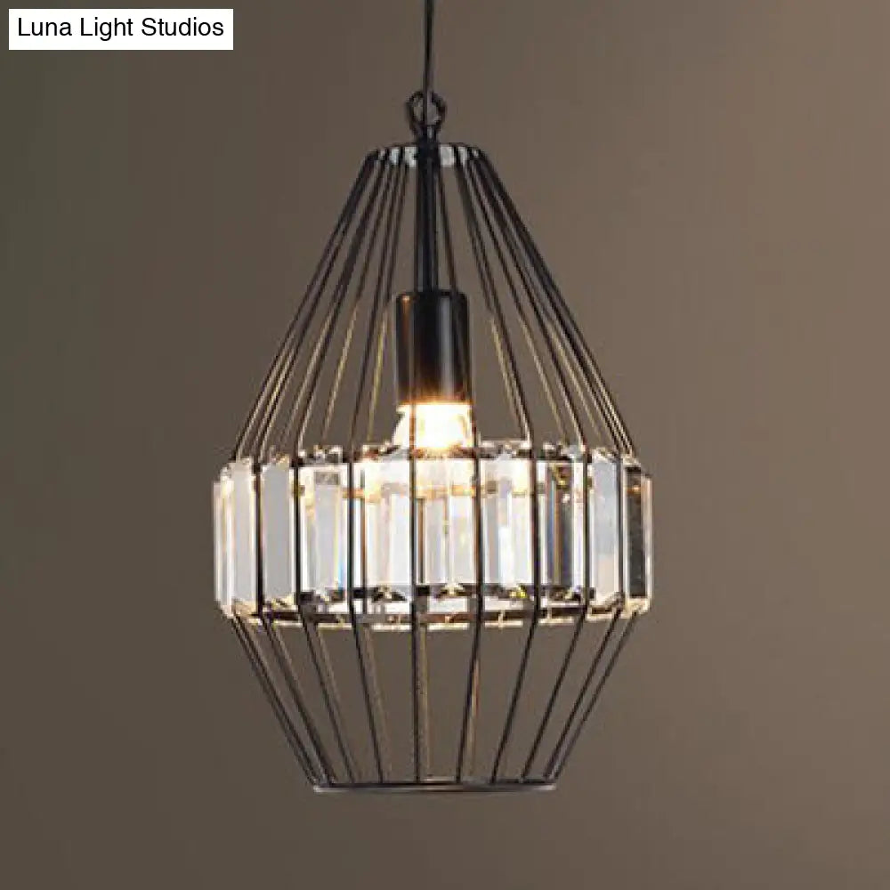 Black Geometric Metal Cage Pendant Light with Crystal Block