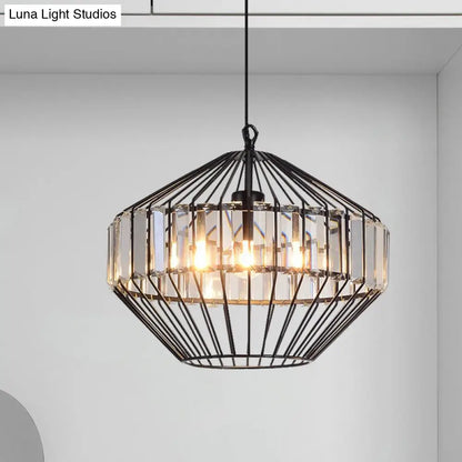 Black Geometric Metal Cage Pendant Light with Crystal Block