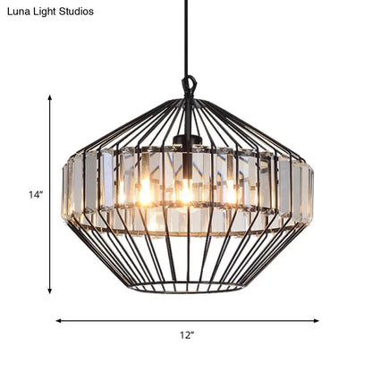 Black Geometric Metal Cage Pendant Light with Crystal Block