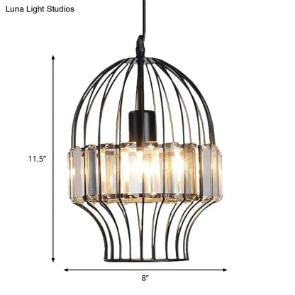 Black Geometric Metal Cage Pendant Light with Crystal Block