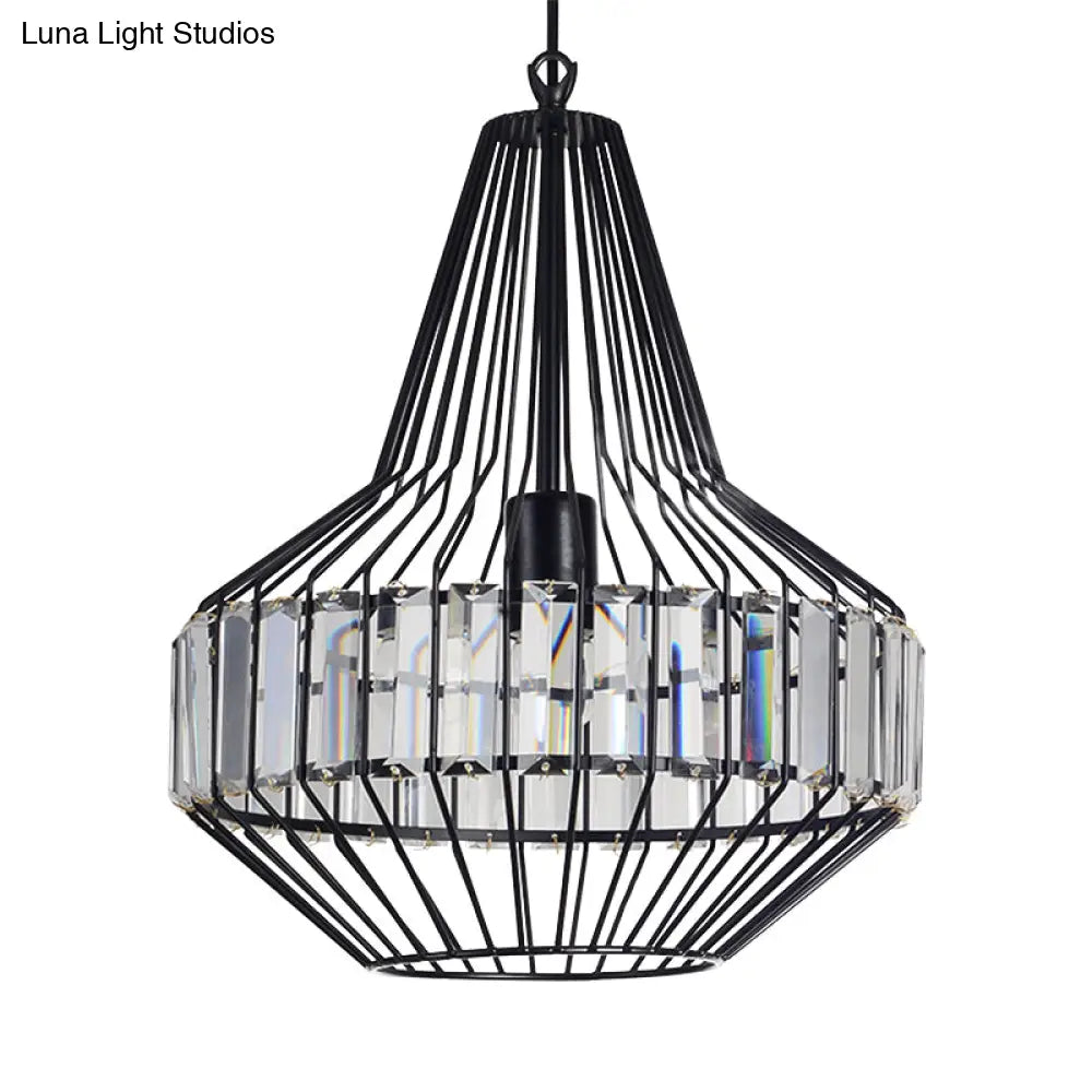 Black Geometric Metal Cage Pendant Light with Crystal Block