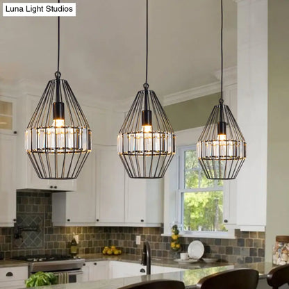 Black Geometric Metal Cage Pendant Light with Crystal Block