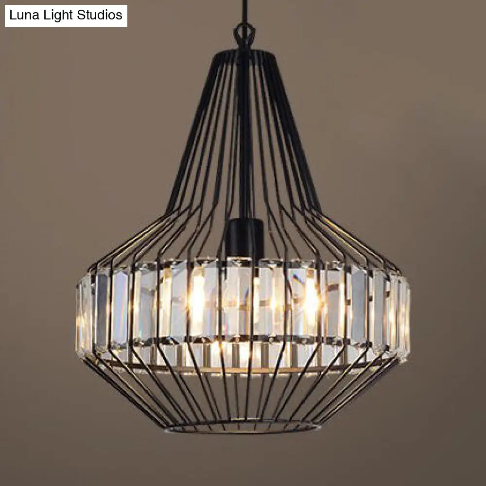 Black Geometric Metal Cage Pendant Light with Crystal Block