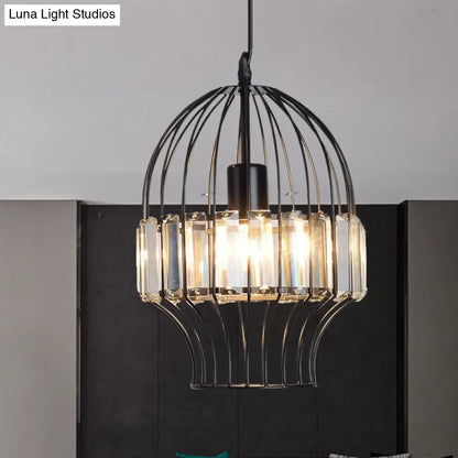 Black Geometric Metal Cage Pendant Light with Crystal Block