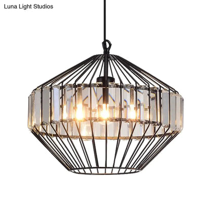 Black Geometric Metal Cage Pendant Light with Crystal Block