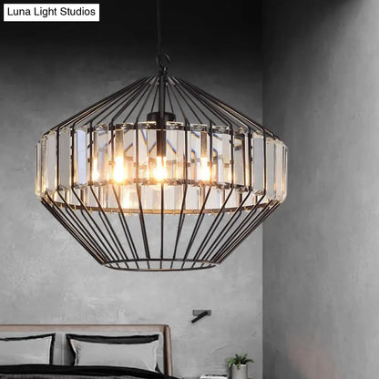 Black Geometric Metal Cage Pendant Light with Crystal Block